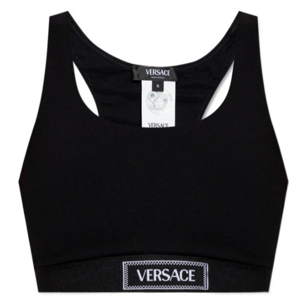 NEW Versace Box Logo Sports Bra Crop Top Black Designer Luxe Athleisure Iconic